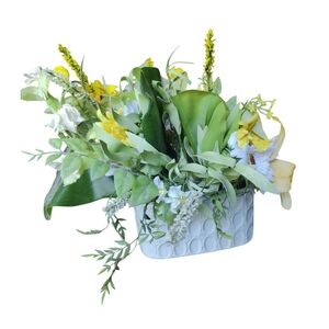 Floral Arrangement‎ in White Green And Yellow Vase Faux Flower